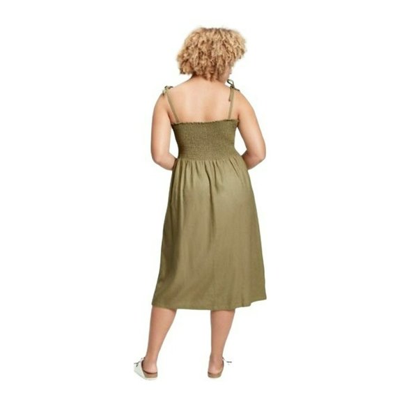 GAP Women's Smocked Bodice Shoulder Tie Midi Dress Olive Green Size 16-18 XL - Picture 3 of 8